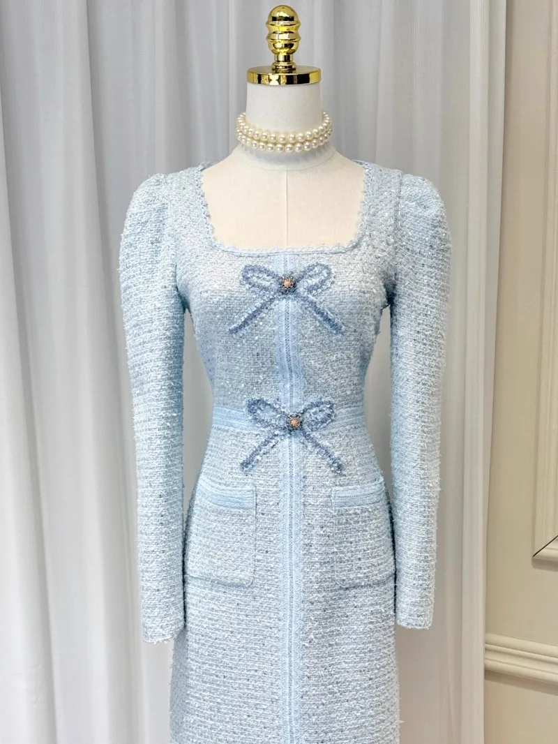 

French Square Neck Puff Sleeve Bow Pocket Slim Mid-Length Slit Tweed Dress for Women Elegant Socialite High-End A-Line Dress