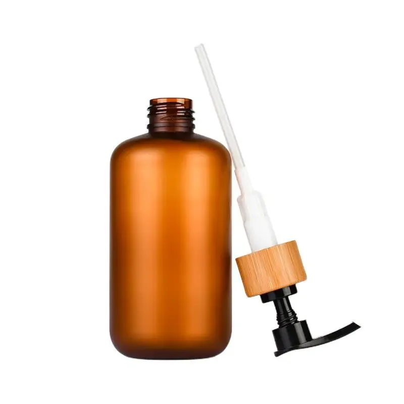 PET Plastic Frosted Brown Liquid Toner Plastic Bottles With Bamboo Screw Cap Transparent PET Cosmetic Container