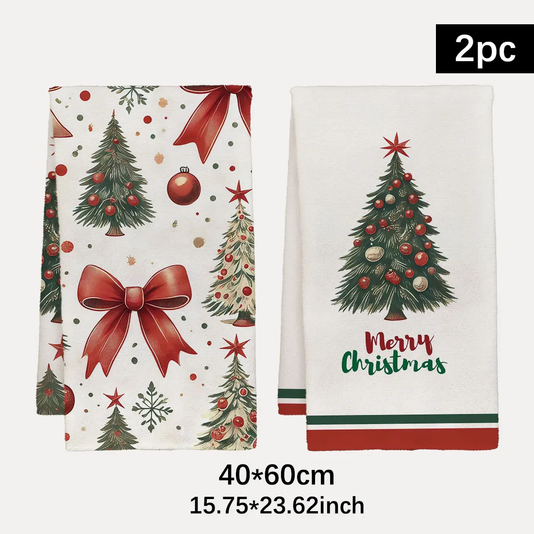 2PCS Christmas Kitchen Towels with Bow Christmas Tree Pattern,40x60cm Ultra fine Fiber Kitchen Towels,Christmas Home Decorations