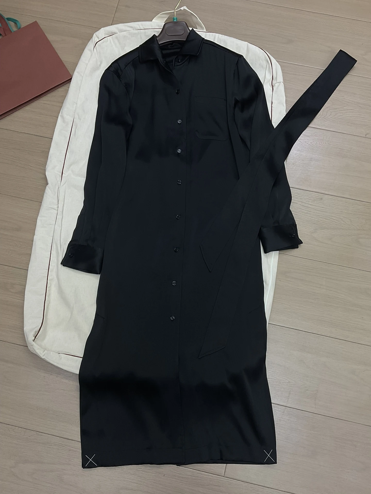 

Pure Black Silk Shirt Dress for Women, Long Sleeve, LP, Spring and Summer, New, 2022