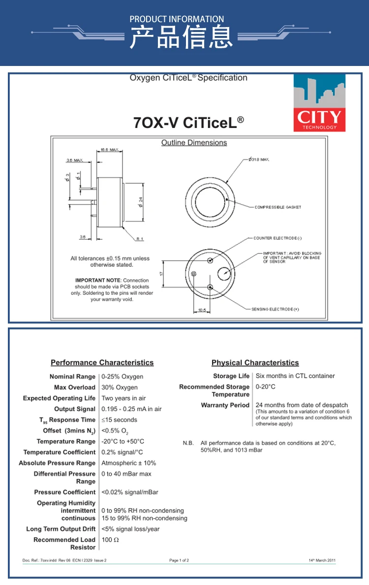 7OXV Sauerstoffsensor Gaskonzentration Überwachung Sauerstoffzelle Rauchgasanalysator