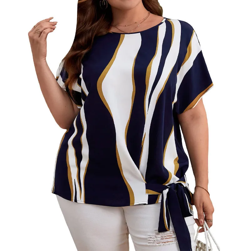 Plus Size Women's Shirts, Striped Printed Short-Sleeved Crew Neck Shirts, Elegant Work Tops with Side Knotted Design image 6