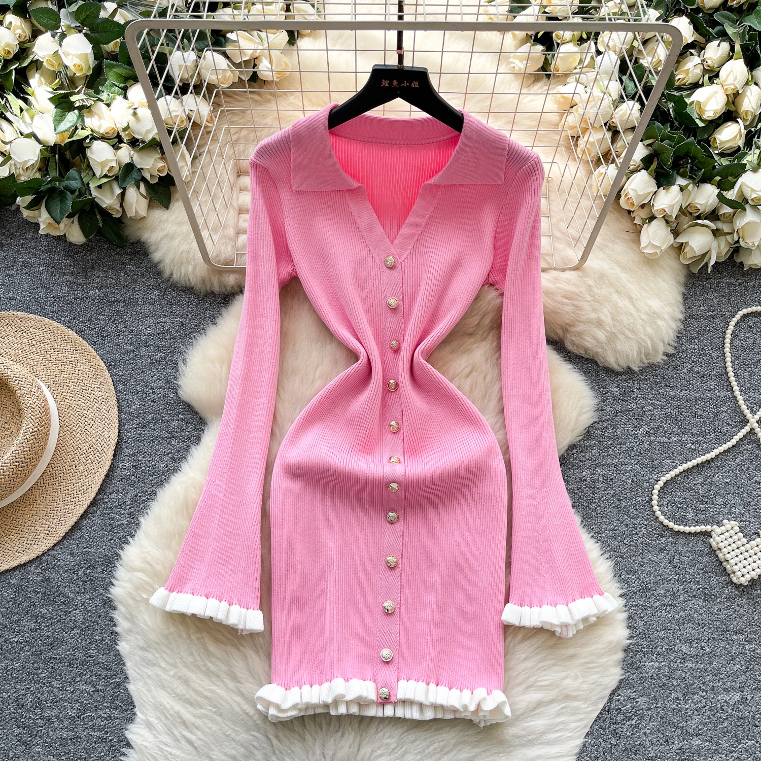 Chic vintage Impiombato aderente manica lunga Maglia Elegante Fata moda coreana Boho Vestito estivo da donna mini abito