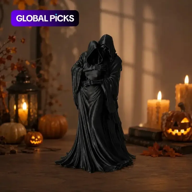 Gothic Reaper Couple Statue, 3D Printed Hooded Embrace Figurine, Dark Romantic Home Decor Ornament for Shelf, Desk, Bedroom, Halloween and Romantic Gift