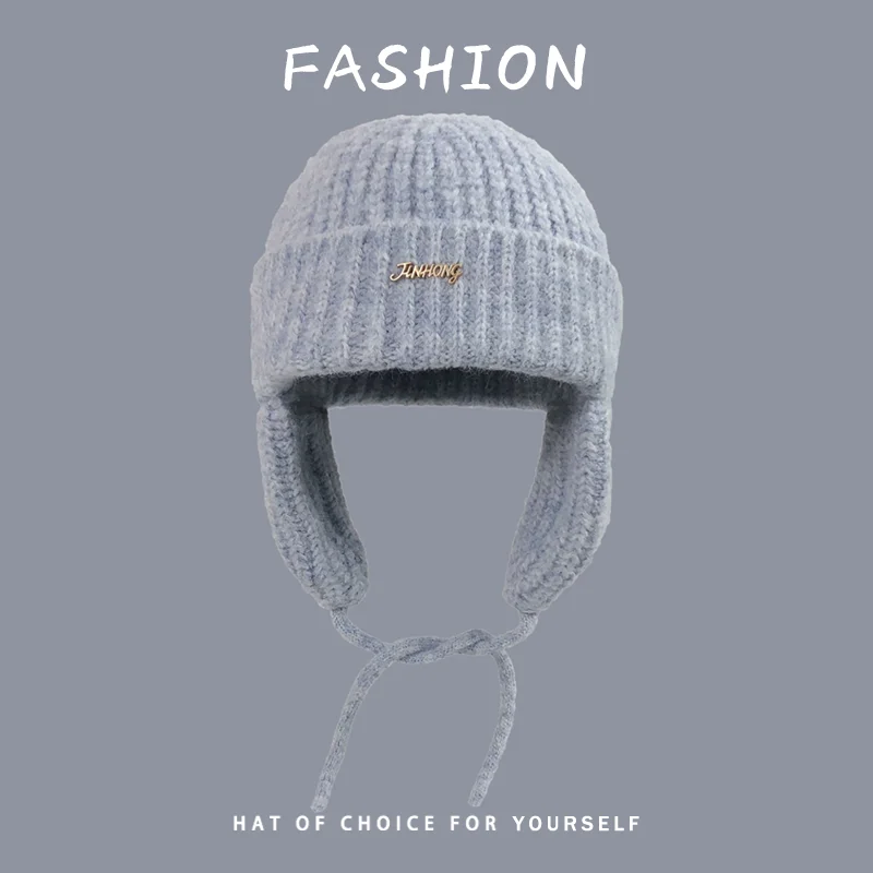 Niedliche, einfarbige, gerippte Strickmützen mit Ohrenschutz für Damen, Herbst-Winter, warme Mützen mit Kordel und Ohrenklappen, Streetwear-Mütze für Herren – Detail 5
