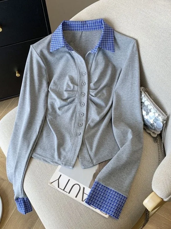 

Вязаный длинный женский повседневный лоскутный топ с отложным воротником в стиле ретро, весна-осень, модный сложенный топ