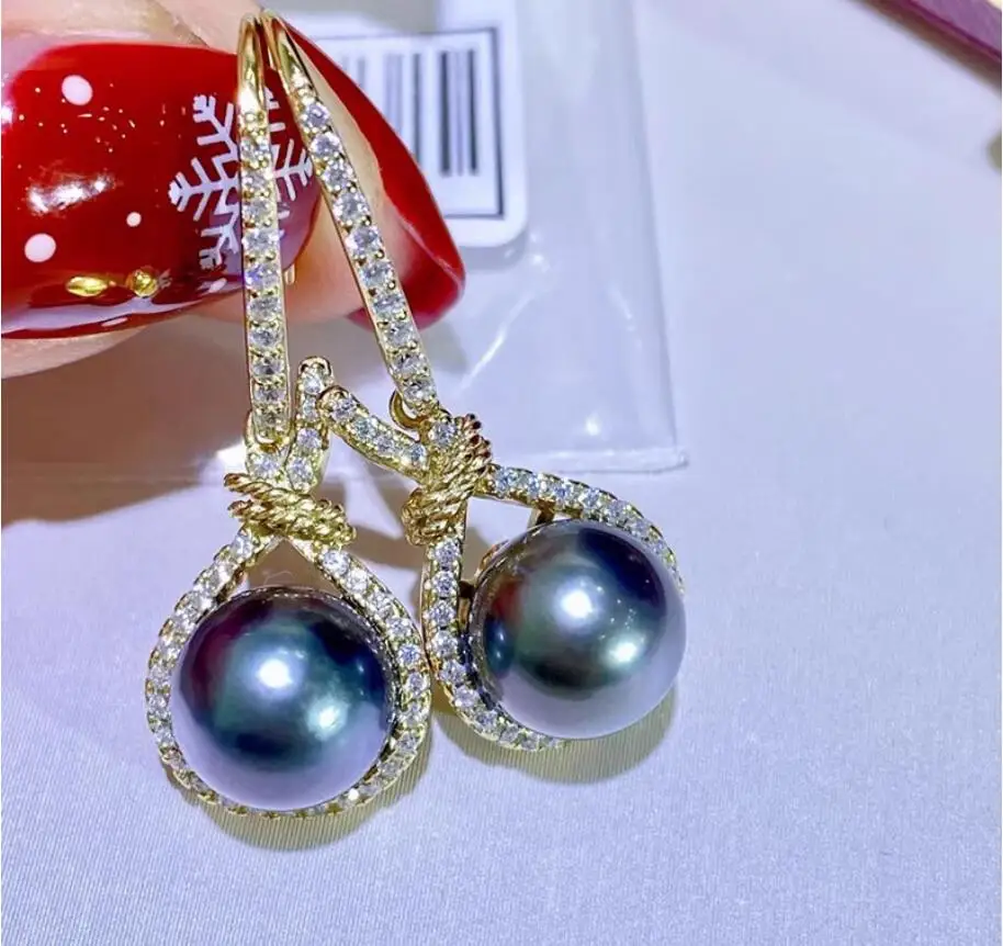 

Charming Pair of 8-9mm natural south sea black round pearl earring 925s