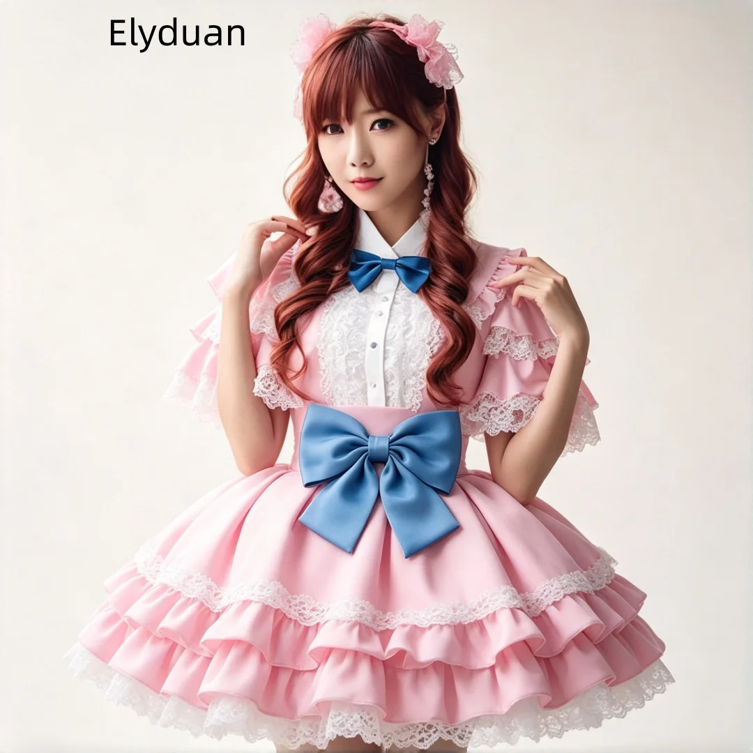 Frilly Pink Lolita Mini Prom Dress White Lapel Lace Trim Ruffle Short Sleeve Blue Bow Y2K Special Occasion Gown Customized