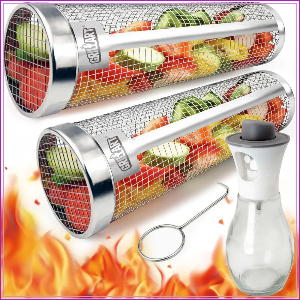 Upgraded Grill Basket 2 Pcs XXL, Dishwasher Safe Rolling Grilling Baskets, Stainless Steel BBQ Grill Basket for Veggies, Grill Nets Cylinder