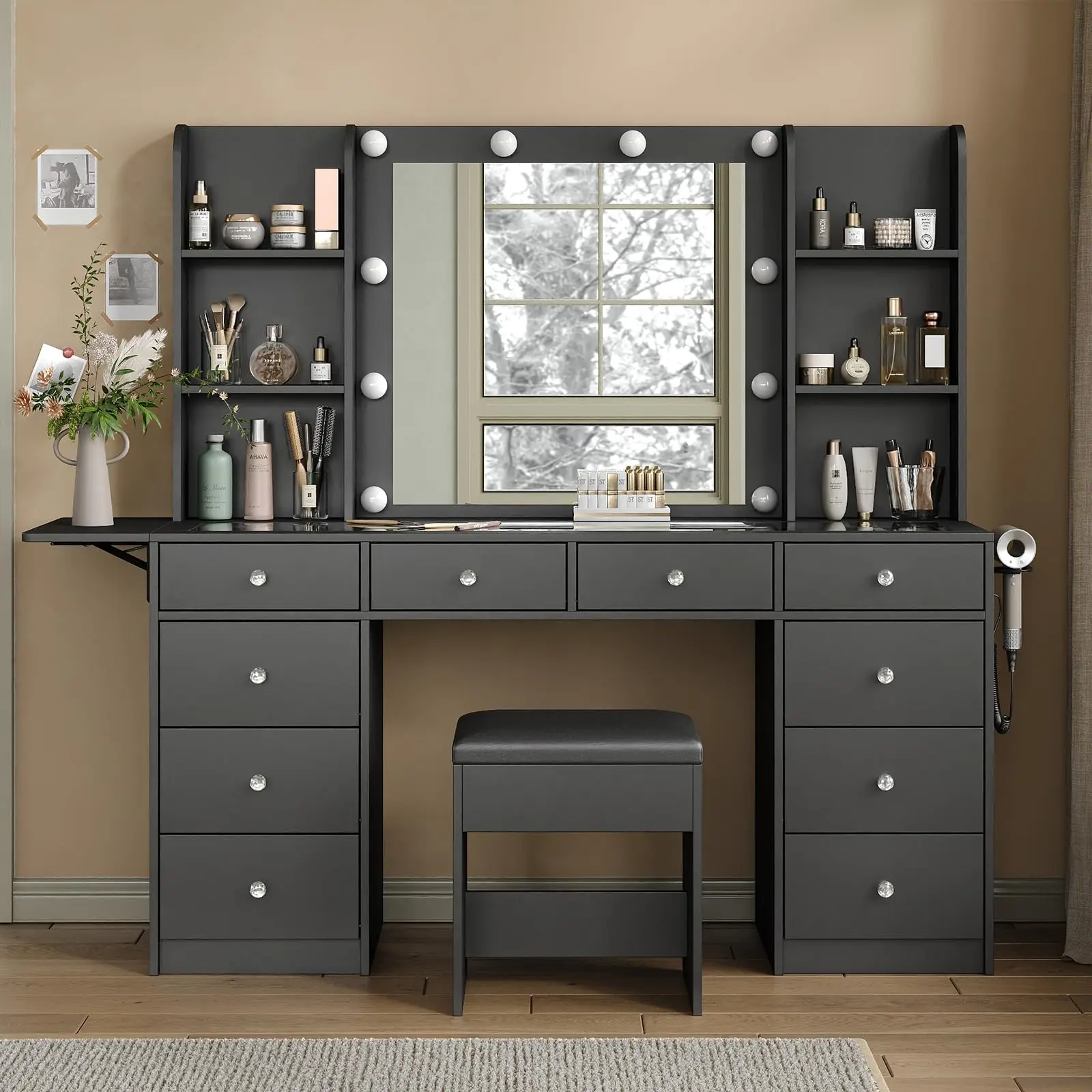 Vanity with Power Outlet, Vanity Desk with Mirror and 10 LED Lights, 10 Drawers Makeup Vanity with 6 Shelves, Fold-up