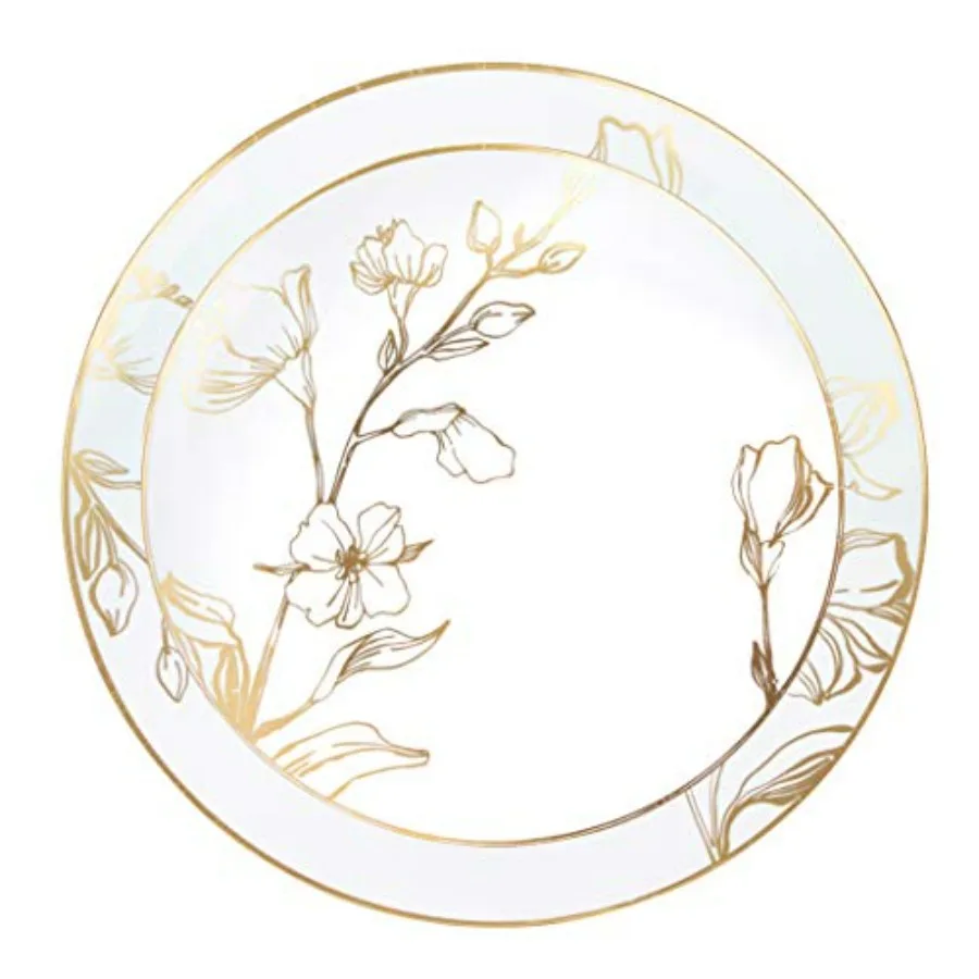 

128 Piece Combo Plates Set includes 64 7'' inch Plates & 64 10'' inch Plates White Plastic Floral Design Party Plates With Gold