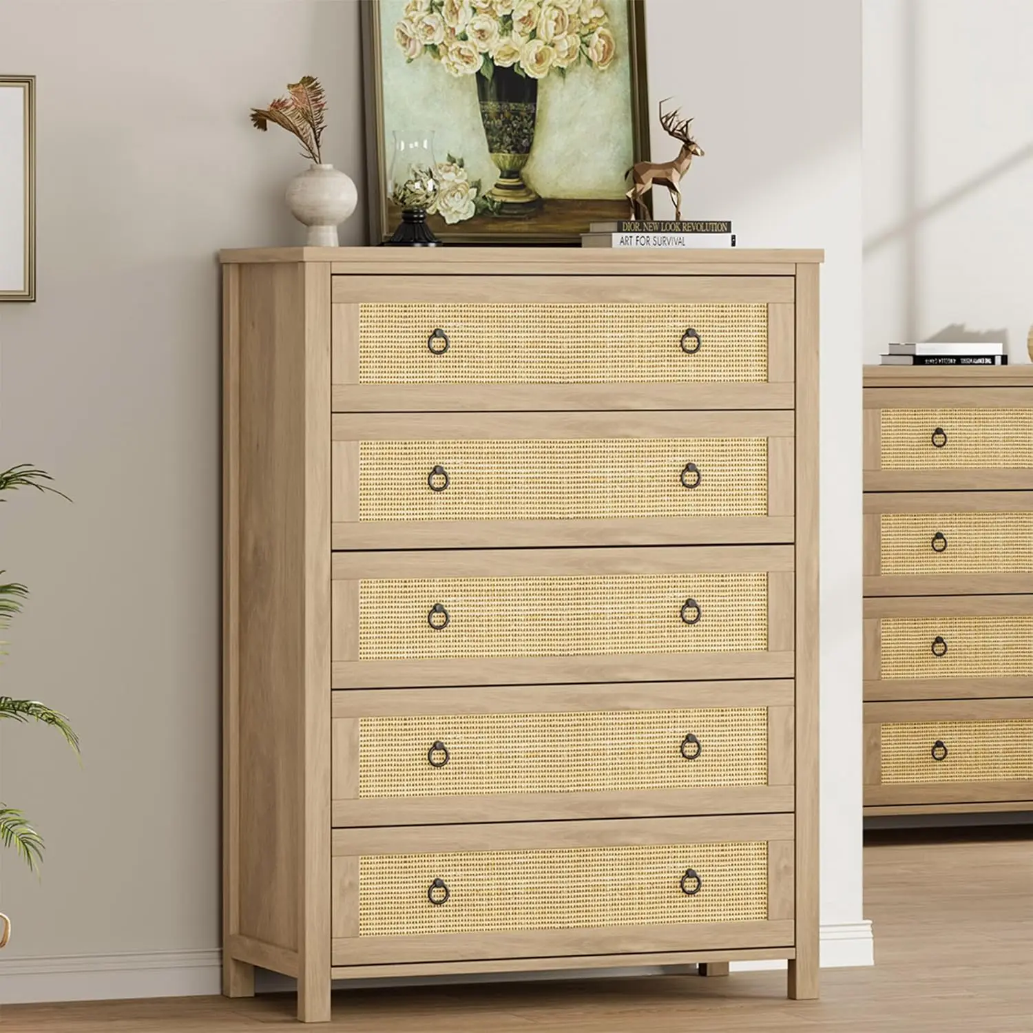 Rattan and Wood 5 - Drawer Dresser for Bedroom, Nursery, Living Room, Enterway - Tall Chest for Large Clothes Storage