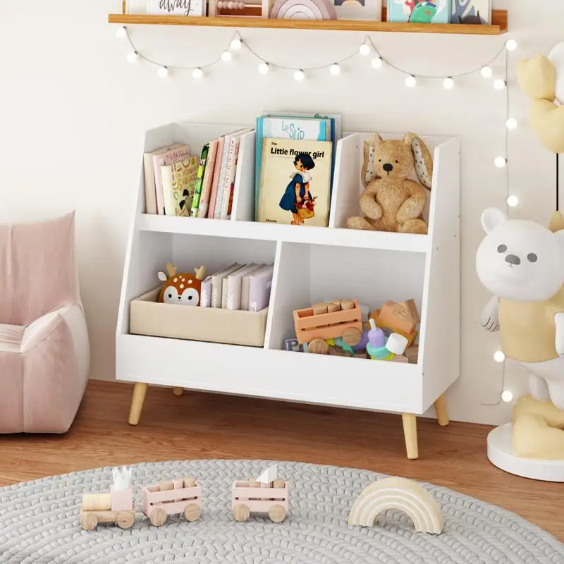 

Kids Bookshelf & Toy Organizer, 5-Cubby Wooden Bookcase, 2-Tier Baby Storage Display with Legs, Free Standing for Playroom,