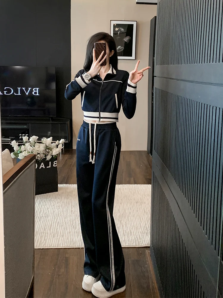 Korean Version White Sports and Casual Set Women\'s Autumn 2023 New Slim Standing Neck Zipper Top Wide Leg Pants Two Piece Set2XL