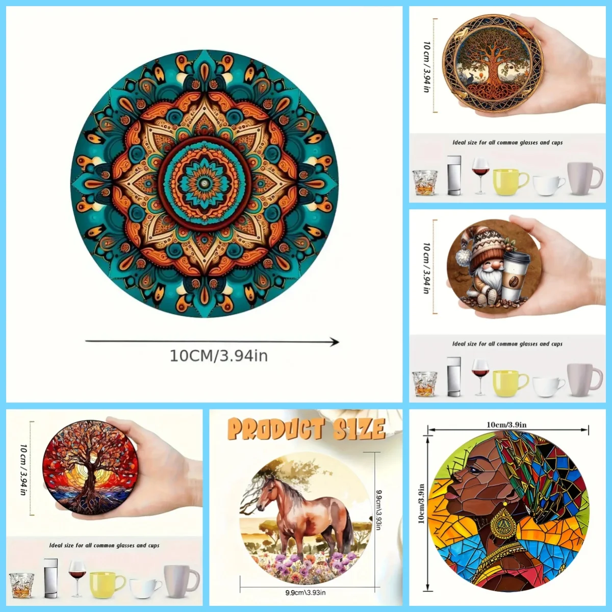 10/8 Pieces of Round Coasters, Plants, Animals, Character Patterns, Wooden Materials, Used in Kitchens, and Offices