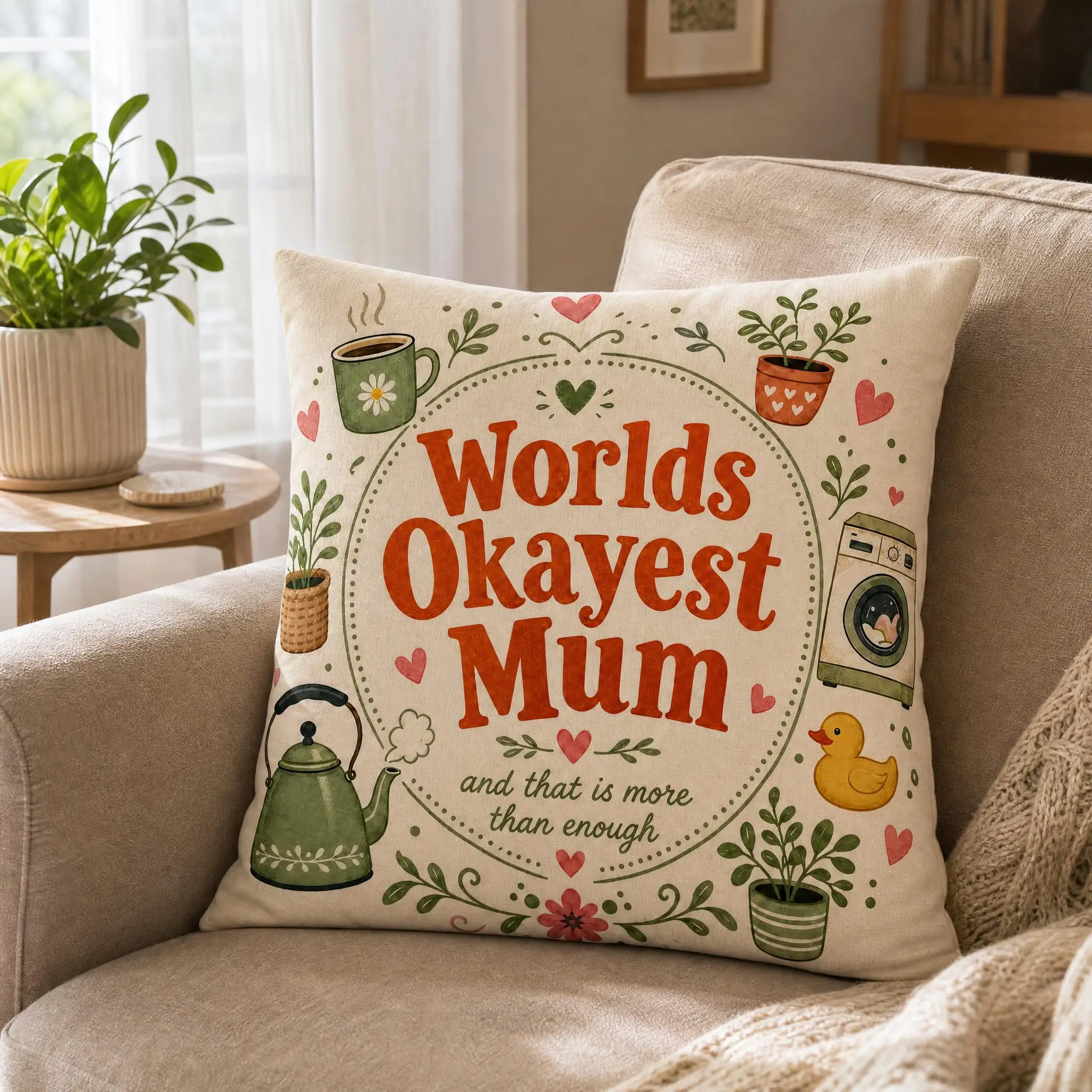 Worlds Okayest Mum Floral Teapot Print Pillow Cover Mother’s Day Gift Farmhouse Sofa Home Decor Cushion Case