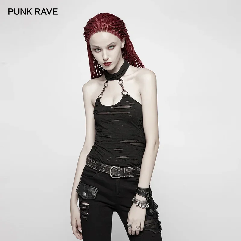 PUNK RAVE damski gotycki postapaliptyczny czarny łańcuszek top wiązany na szyi zepsuty łańcuszek dzianina Backless damska kamizelka Camis