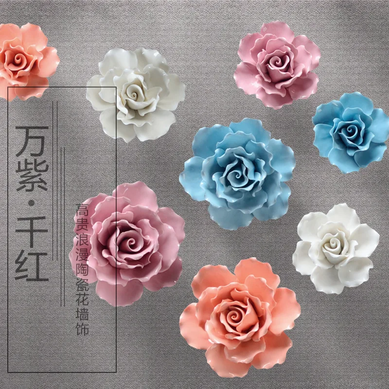 Hand Made 3D Ceramic Porcelain Flower Wall Decoration Colorful Rose