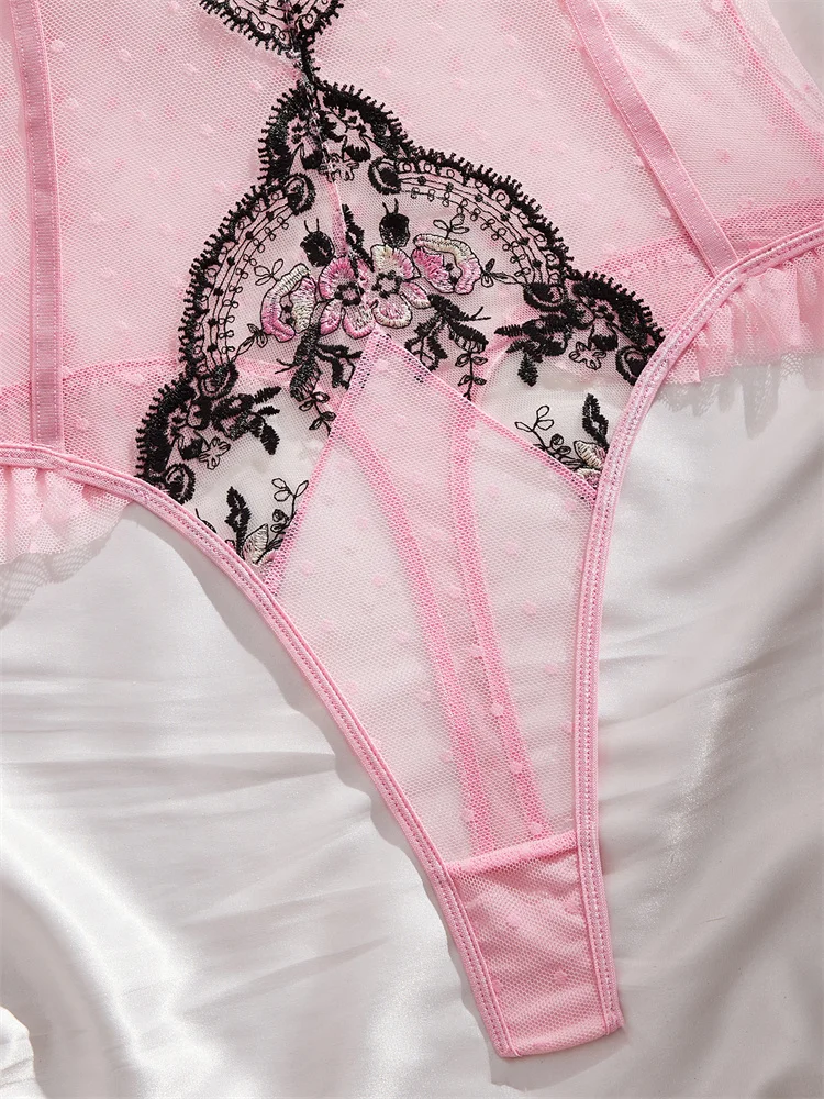 Women's Lingerie Pink Mesh Slimming Bodysuit Delicate Floral Embroidered Jumpsuit Romantic Sleeveless Polka Dot Sexy Bodysuit image 6