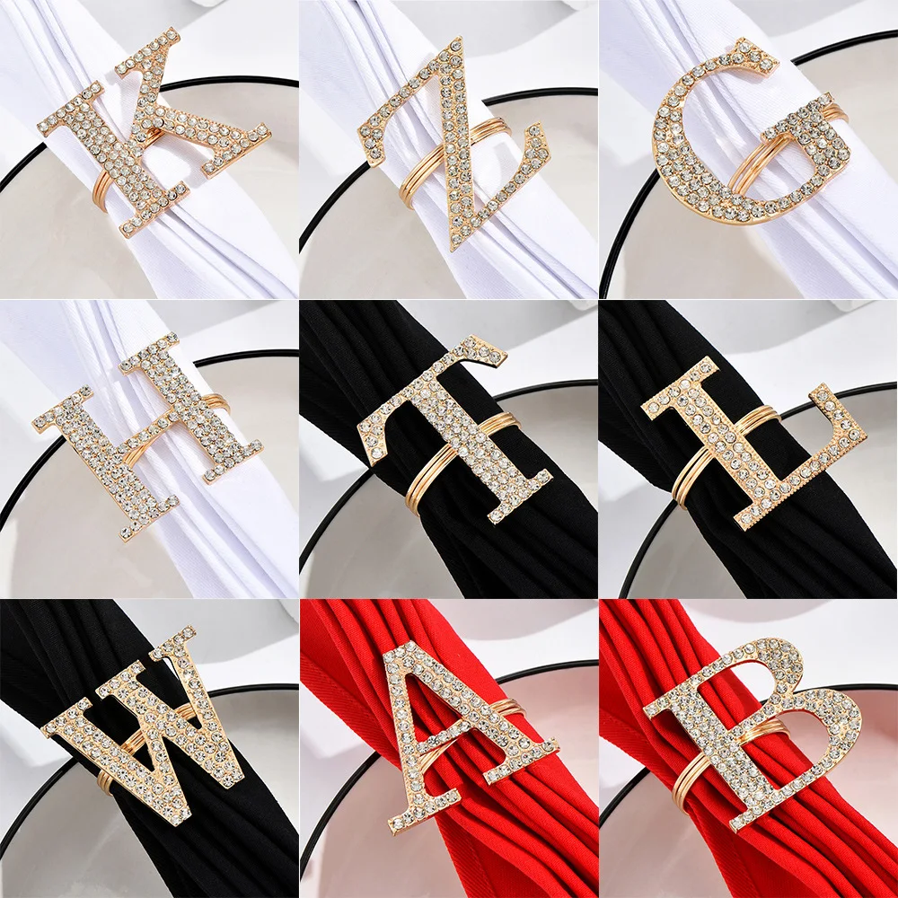 Judaica 4pcs Alloy Diamond-set Letter Napkin Ring Creative English Alphabet Napkin Clasp Napkin Ring Hotel Dining Table Set