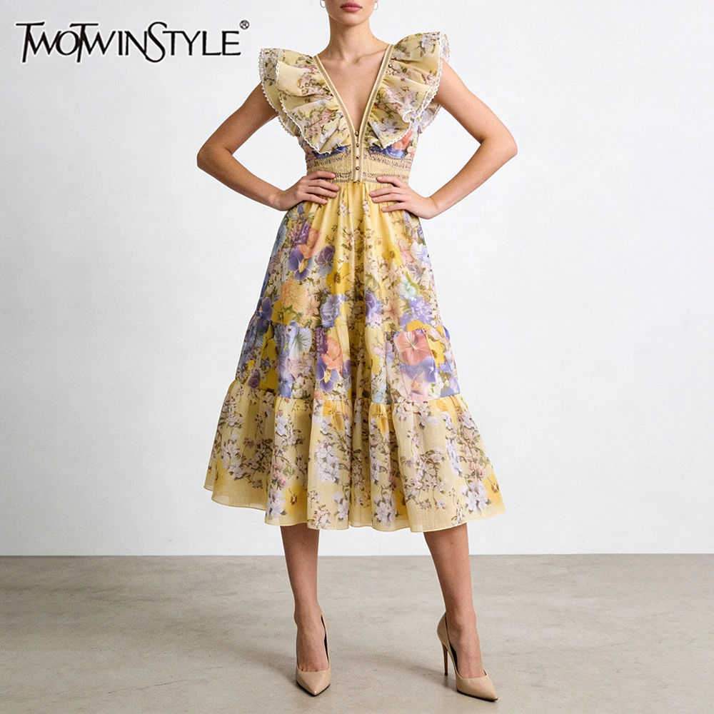 TWOTWINSTYLE Elegante Druck Gespleißt Rüschen Falten Lange Kleider für Frauen V-ausschnitt Ärmellose Hohe Taille Mode Kleid Weibliche Neue