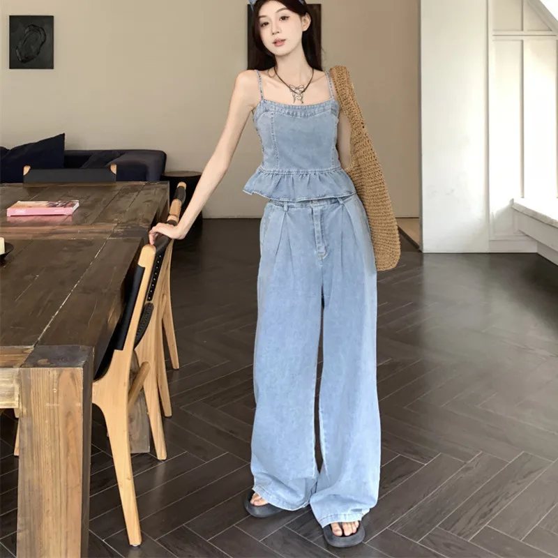 

Cotton Denim Pants Suits For Women Loose Fahion Office Lady Style Sexy Backless Camisole Vest Tops High Waist Wide Leg Pants Set