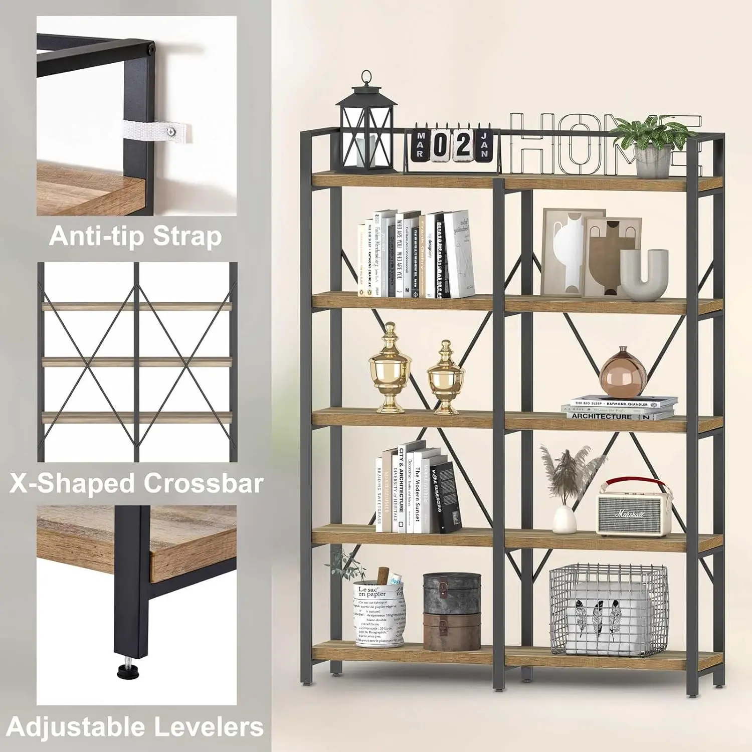 FATORRI Bookshelf, Industrial 5 Tier, Rustic Wood Etagere Bookcase, Metal Tall Book Shelf with Large Open Shelving