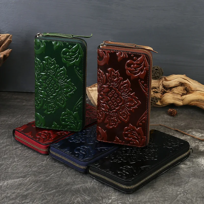 Women's Wallet with Genuine Leather Short Coin Clip Layer Cowhide Embossed Retro Chinese Style Coin Purse, Multifunctional