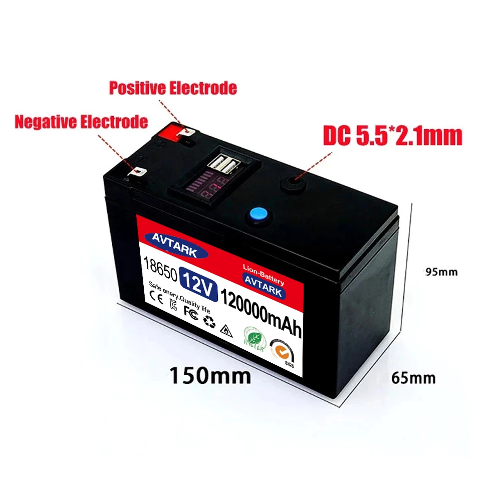 Batterie Rechargeable Portable 12V, 2023 mAh, mise à niveau 120000, 5V, 2,1 a, Port de chargement USB avec chargeur 12.6V intégré