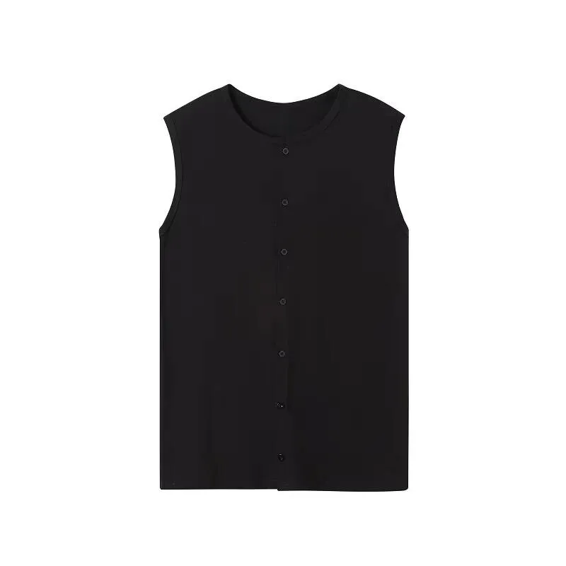 Sleeveless Round Neck Cardigan Round Men's Neck Summer Single Breasted Plain Color Vest Simple Large T-Shirt