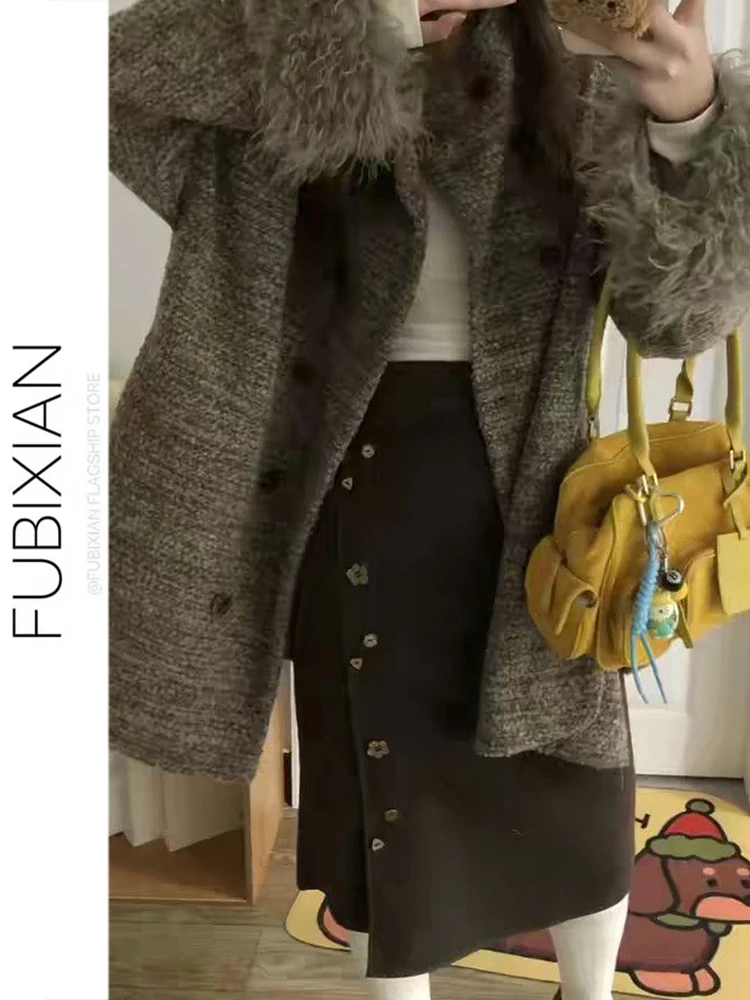 

Retro American Flutton Woolen Skirt for Women Casual Versatile Coffee Color Mid-Length Skirt High Waist Straight Cut