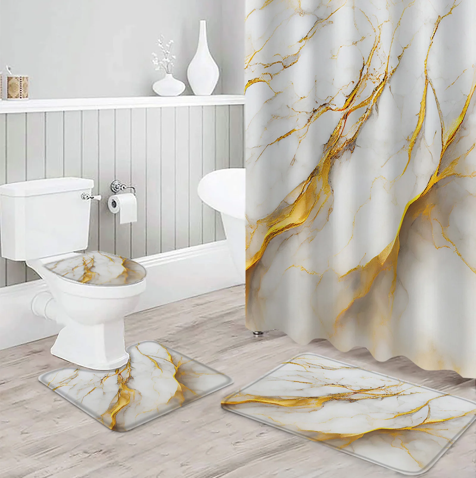 Marble Texture White Shower Curtain Set Non-Slip Rugs Bath Mat Toilet Lid Cover Waterproof Polyester Bathroom Curtain