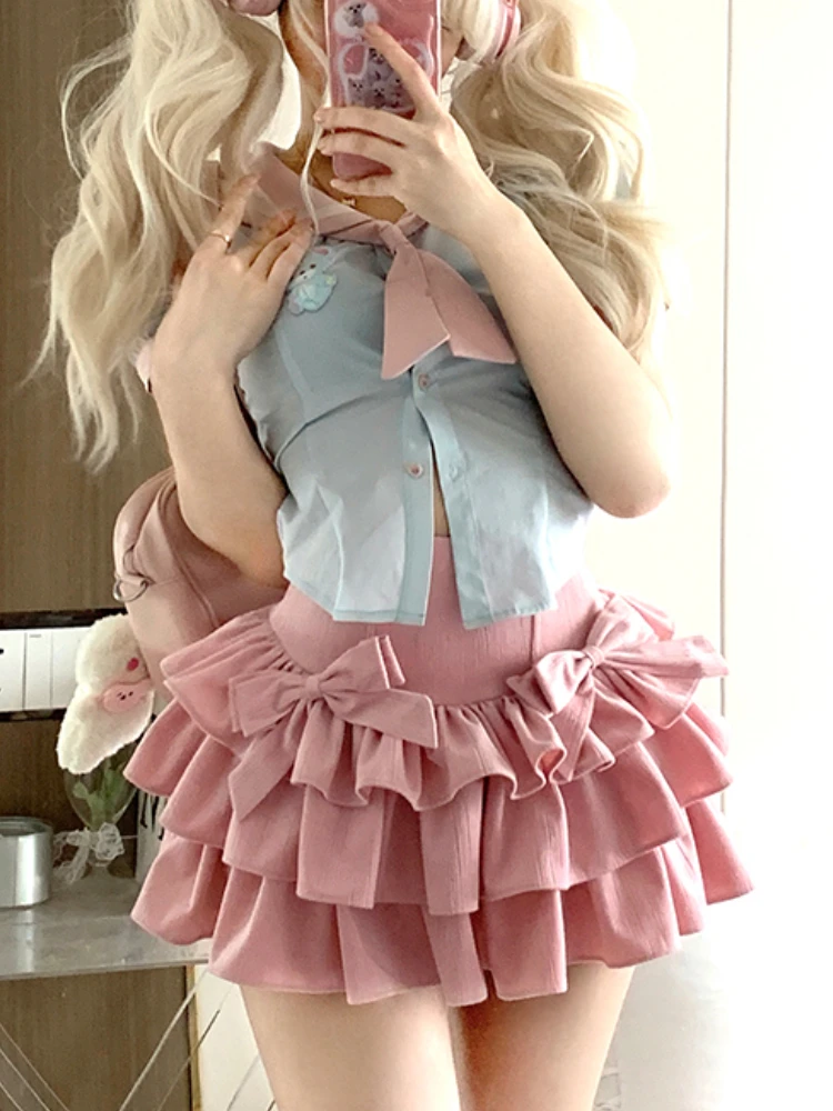 Lolita Kawaii Two Piece Set Women Summer Japanese College Style Party Mini Skirts Suit Blue Navy Collar Blouse + Pink Cake Skirt