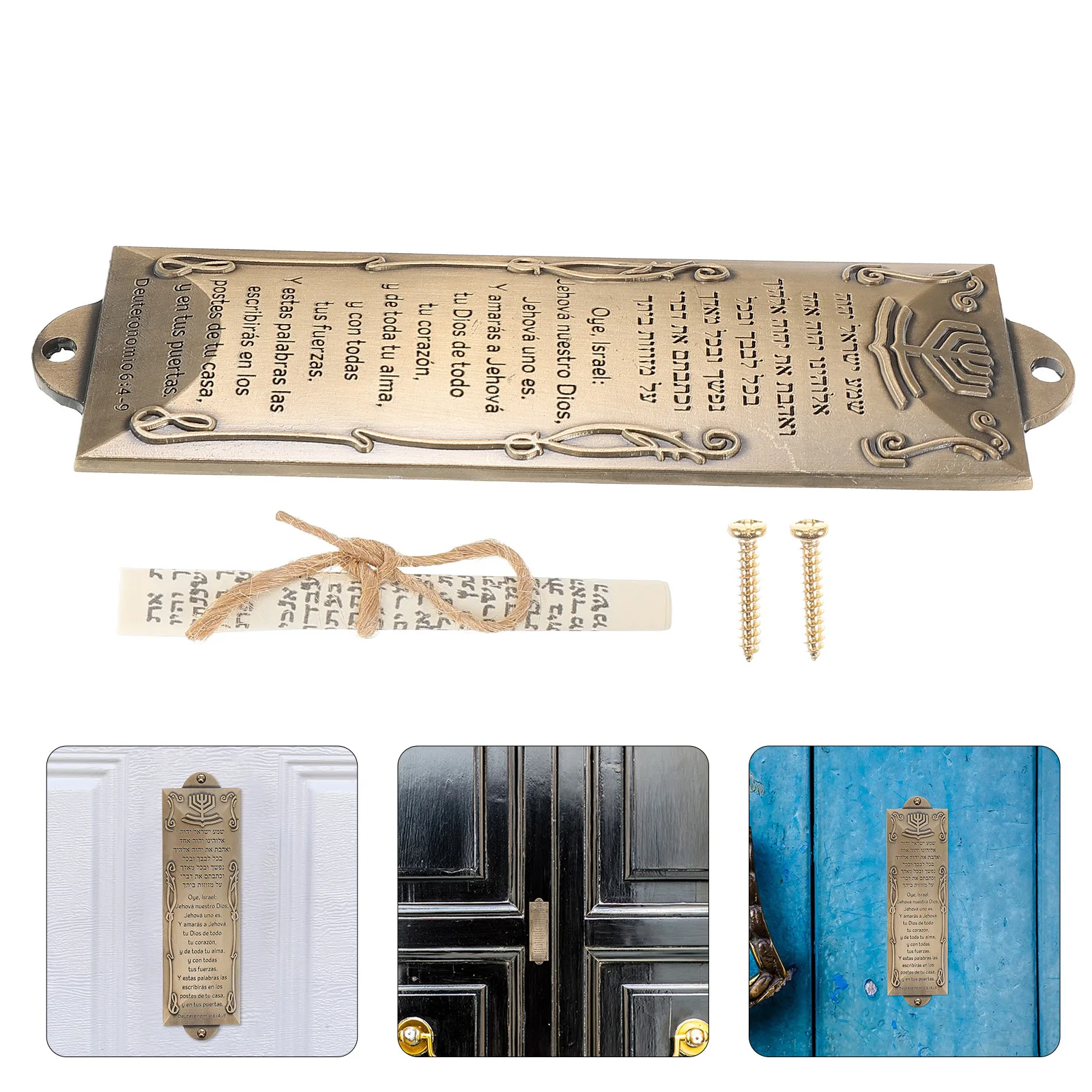 

Religious Mezuzah With Scroll For Door Metal Case Spanish Inscription Home Blessing Hispanic Heritage Decor Metal Curtain Crown