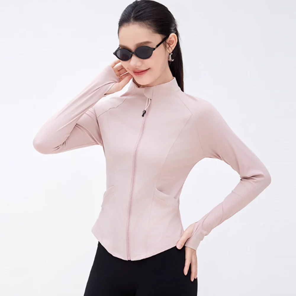 Damen-Thermo-Workoutjacke, Stehkragen, schmale Passform, Reißverschluss, lange Ärmel für Yoga, Pilates, Training