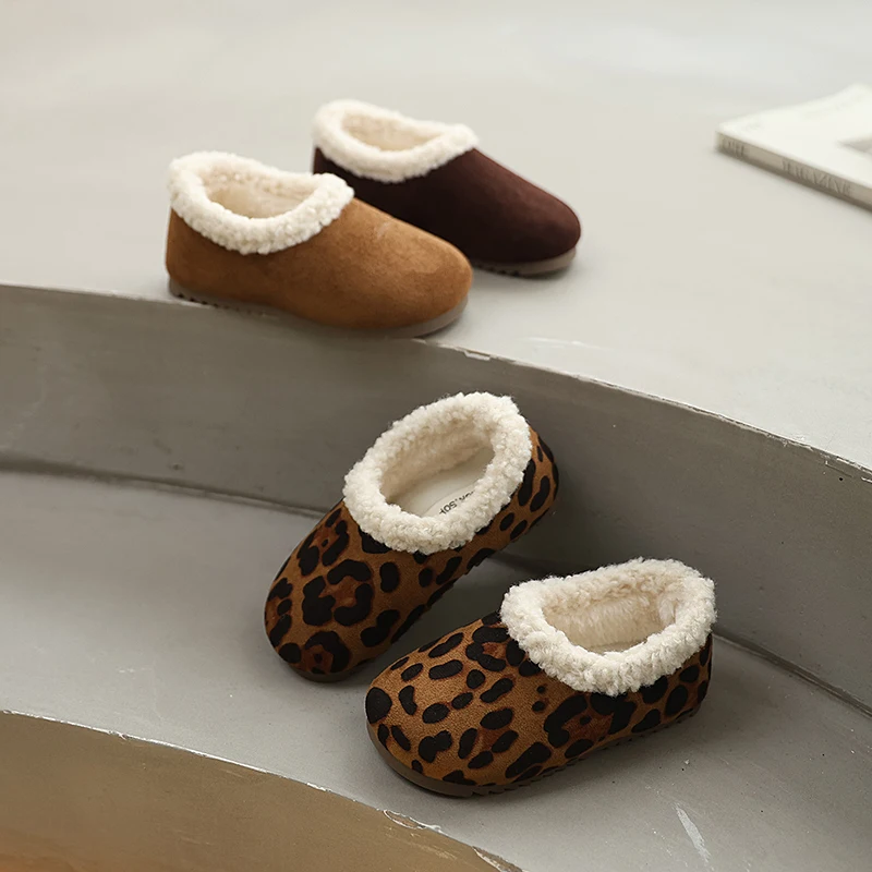 2025 Winter New Children's Shoes with Velvet Warm Leopard Pattern Cotton Shoes for Girls Fashion Versatile Casual Shoes