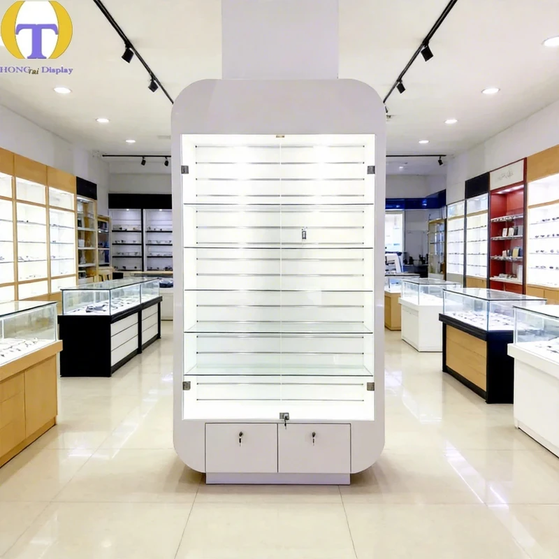 custom.Modern Rectangular White Glass Cabinet with LED Lighting Lockable Storage Eco-Friendly & Heavy Duty Smoke Shop Retail