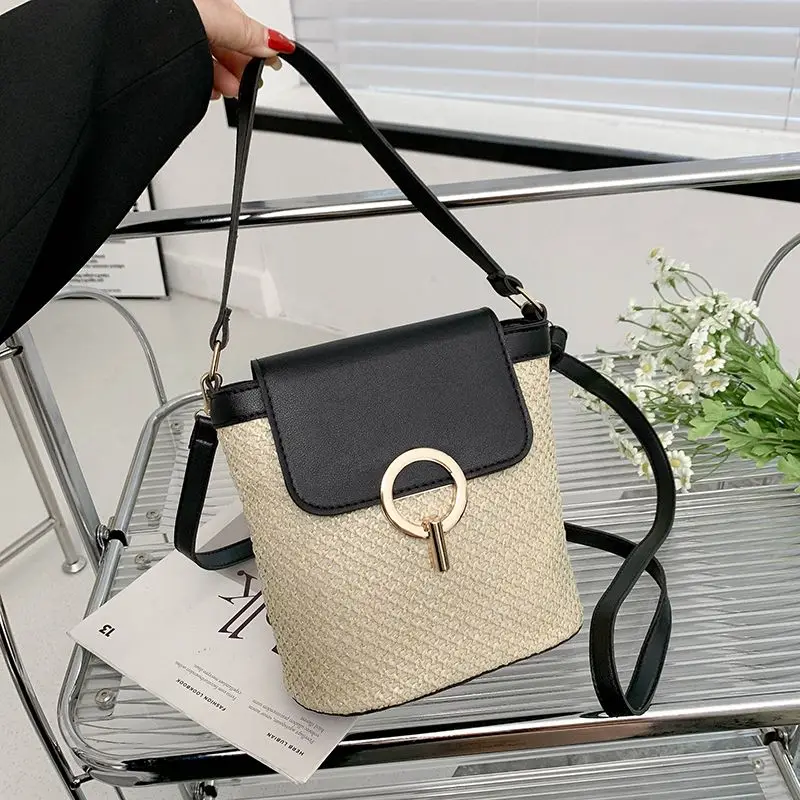 

French Fashion New Bucket Shaped Hand-held Women Bag Woven Hollow Multi-functional Single Shoulder Crossbody Bag For Women Trend