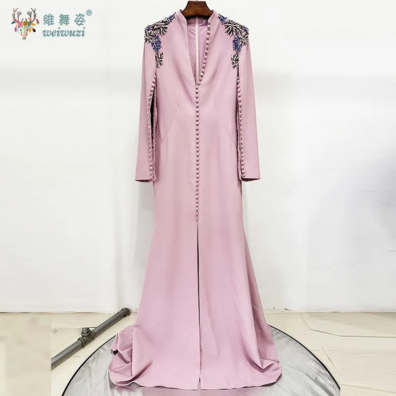 Exquisite Pink Deep V-neck Long Sleeves Buttons Evening Dress Luxury Inlaid Water Diamond Party Gown Host's Performance Costume