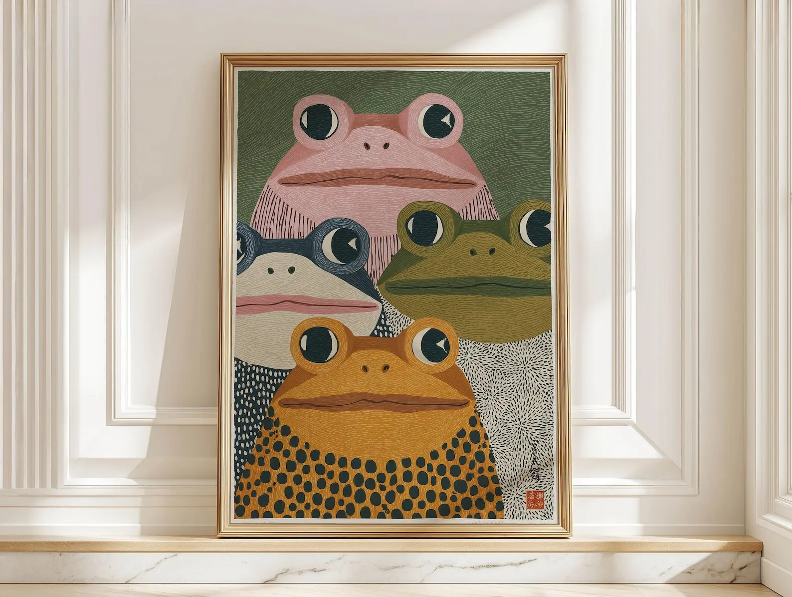 Impression d'art japonais moderne avec des grenouilles - Affiche murale Japandi abstraite rétro colorée avec des grenouilles, sans cadre, pour la décoration du salon