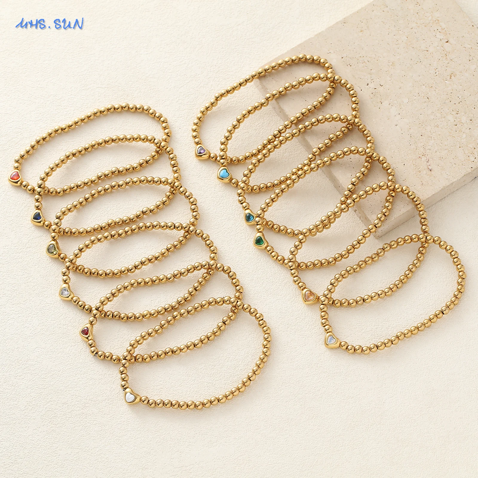 Stainless Steel Birthstone Bracelet 18K Gold Plated 4mm Metal Ball Heart Beaded Bracelets for Women Men Jewelry Birthday Gift