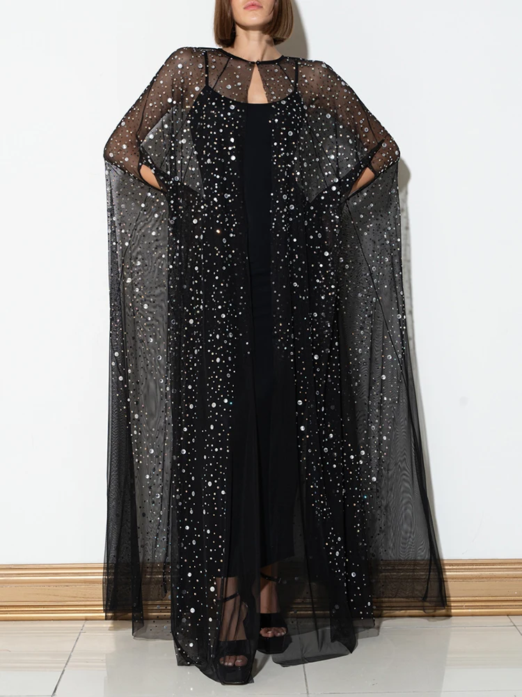 VGH Solid Elegant Patchwork Sequins Dress For Women Round Neck Cloak Sleeves High Waist Spliced Mesh Dresses Female New