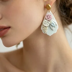 French Romantic Sculpted Flower Bouquet Earrings Polymer Clay Pastel Rose Petal Drop Vintage Gold Stud Floral Sweet Wedding