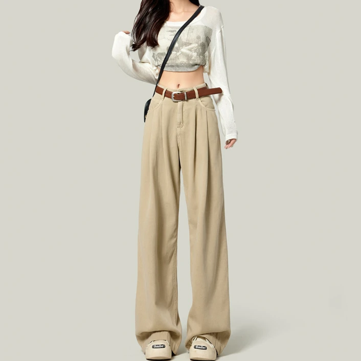 

Khaki high-waisted wide-legged jeans female spring and autumn new loose thin versatile straight draping drag pants tide