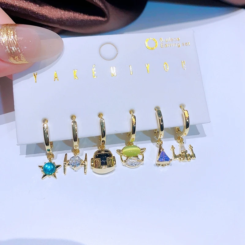 MIGGA 6pcs Multicolor Cubic Zircon Cartoon Dangle Earrings Set Gold Color Plated Women Party Jewelry