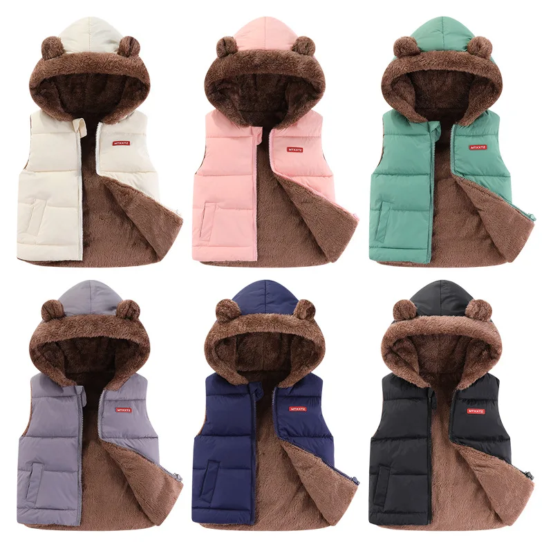 2024 Children Cashmere Vest Coat Autumn Winter Baby Boy Girl Cotton Padded Hooded Jacket Kids Thick Waistcoat Outerwear Clothing