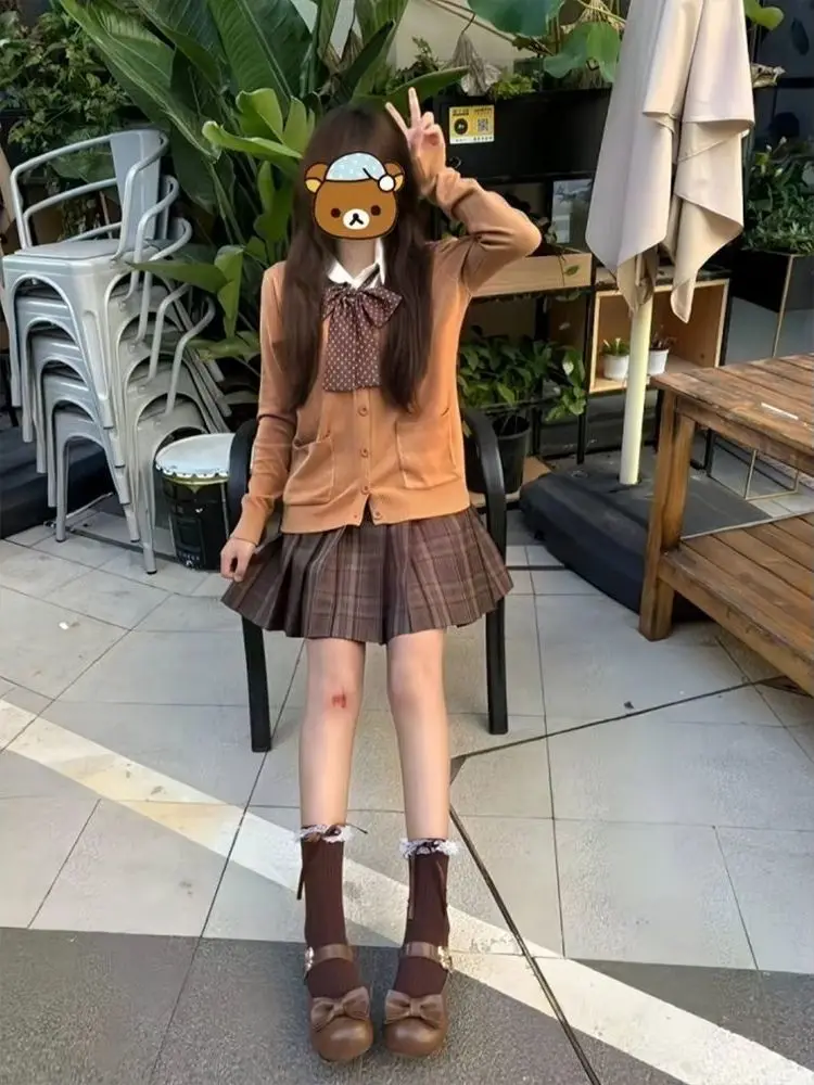 

New Original Soft Girl JK Uniform Knitted Sweater Cardigan Spring Autumn Short Skirt Set Fashionable College Style Ensemble