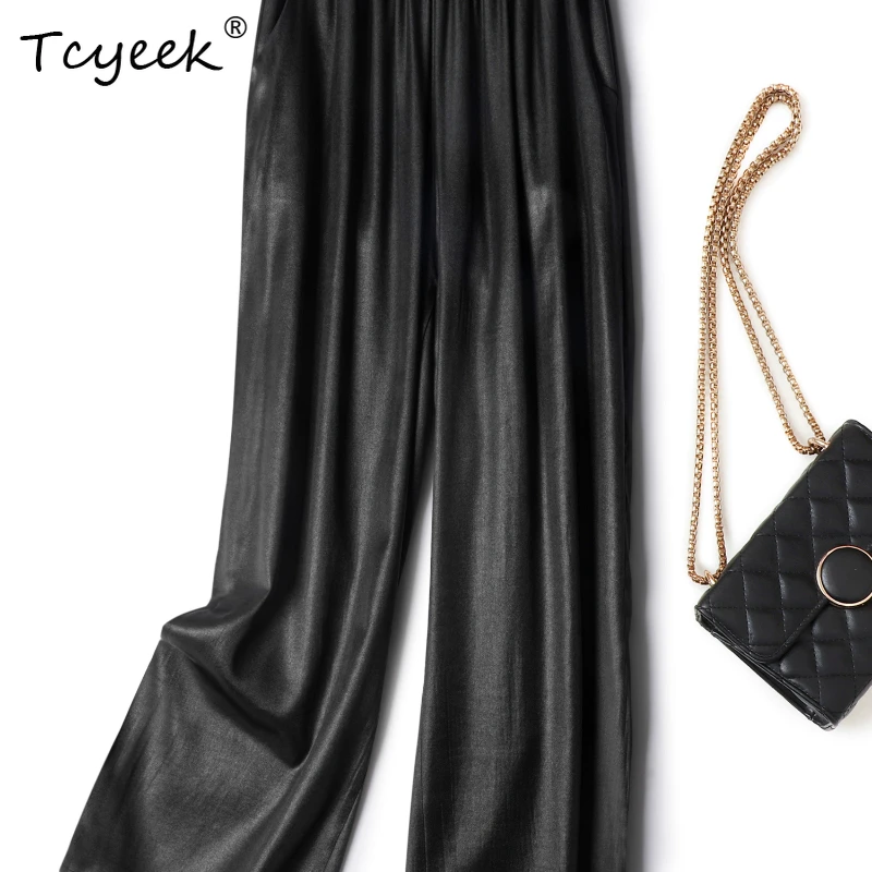 

Tcyeek 100% Real Mulberry Silk Summer Thin High Waisted Loose Black Straight Leg Women' S Pants Брюки Женские Летние 여름바지 여성