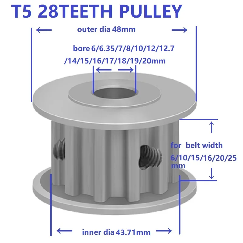 T5 28Teeth Belt Pulley Synchronous Wheel Timing Belt Width 10/15/20/25mm Transmission Belt Pulley Machine Parts