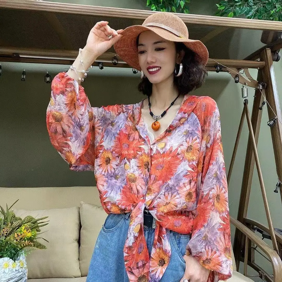 

Lantern Sleeve Sunscreen Shirt For Women's Summer New Loose Print Long Sleeved Fashionable Top